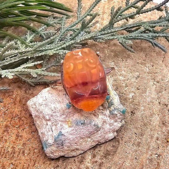 Nature Rainbow Fluorite Hand Carved Blessing Pi Xiu Adjustable Ring - Picture 5 of 10